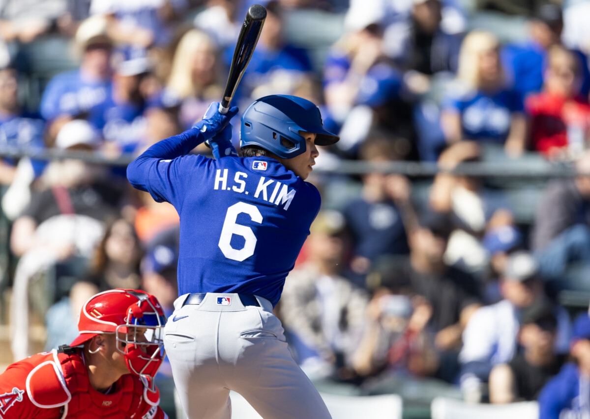 Feb 21, 2026; Tempe, Arizona, USA; Los Angeles Dodgers infielder Hyeseong Kim against the Los Angeles Angels during a spring training game at Tempe Diablo Stadium. Mandatory Credit: Mark J. Rebilas-Imagn Images