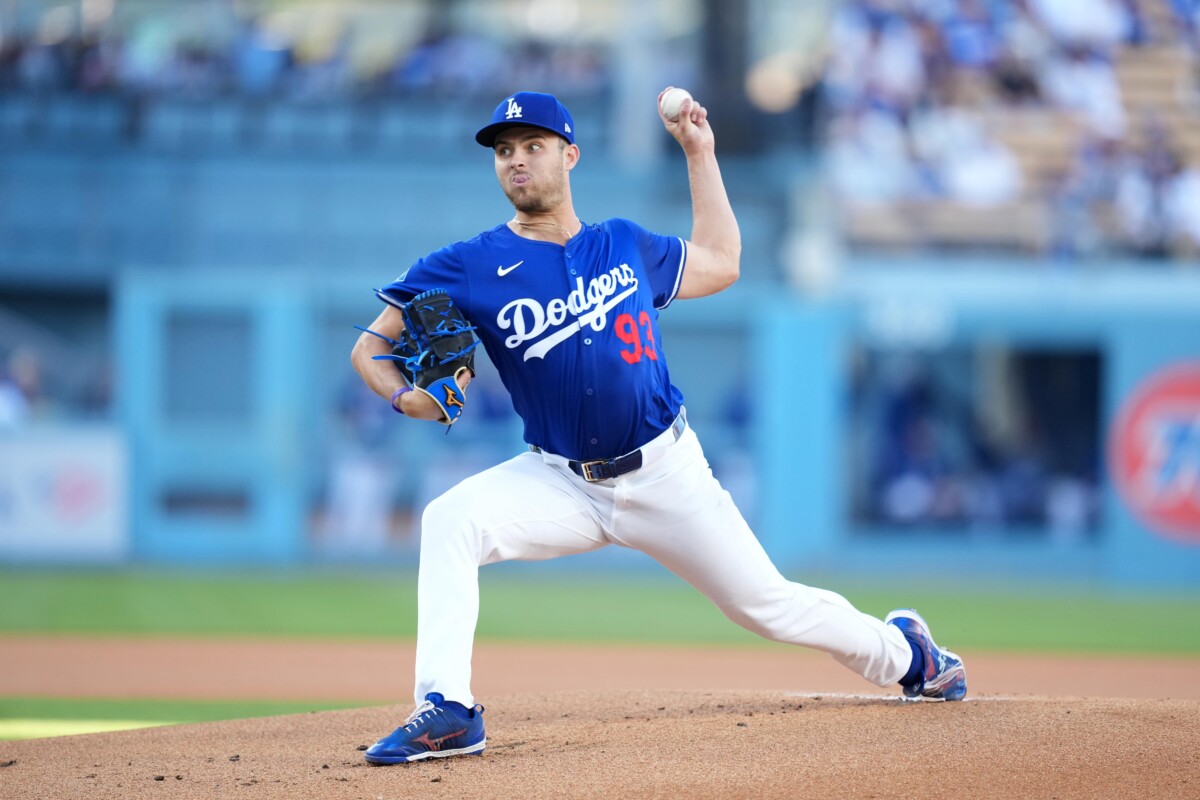 Mar 23, 2025; Los Angeles, California, USA; Los Angeles Dodgers pitcher Jackson Ferris (93) throws in the first inning against the Los Angeles Angels at Dodger Stadium. Mandatory Credit: Kirby Lee-Imagn Images
