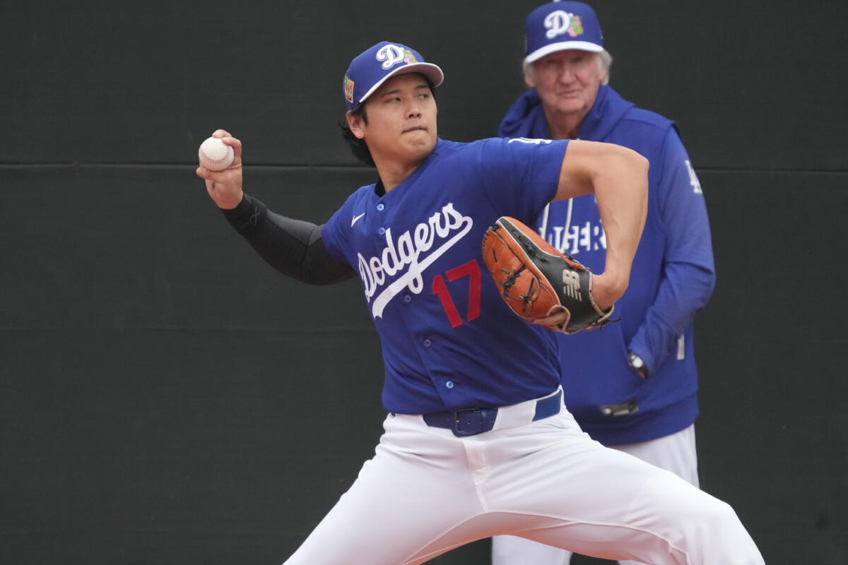 Feb 13, 2026; Glendale, AZ, USA; Los Angeles Dodgers pitcher Shohei Ohtani (17) throws in the bullpen during spring training camp. Mandatory Credit: Rick Scuteri-Imagn Images