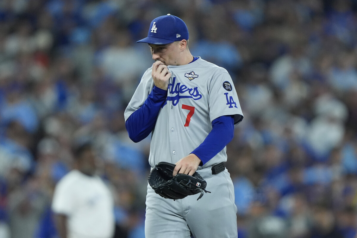 Los Angeles Dodgers pitcher Blake Snell (7) is relieved in the ninth inning against the Toronto Blue Jays during game seven of the 2025 MLB World Series at Rogers Centre.