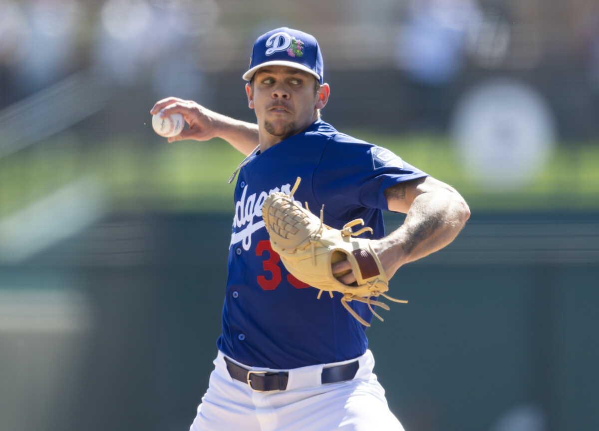 Feb 24, 2026; Phoenix, Arizona, USA; Los Angeles Dodgers pitcher Gavin Stone against the Cleveland Guardians during a spring training game at Camelback Ranch-Glendale. Mandatory Credit: Mark J. Rebilas-Imagn Images