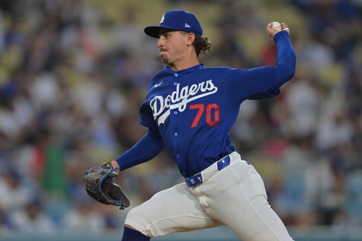 Los Angeles Dodgers pitcher Justin Wrobleski (70) delivers to the plate in the eighth inning against the Los Angeles Angels at Dodger Stadium.