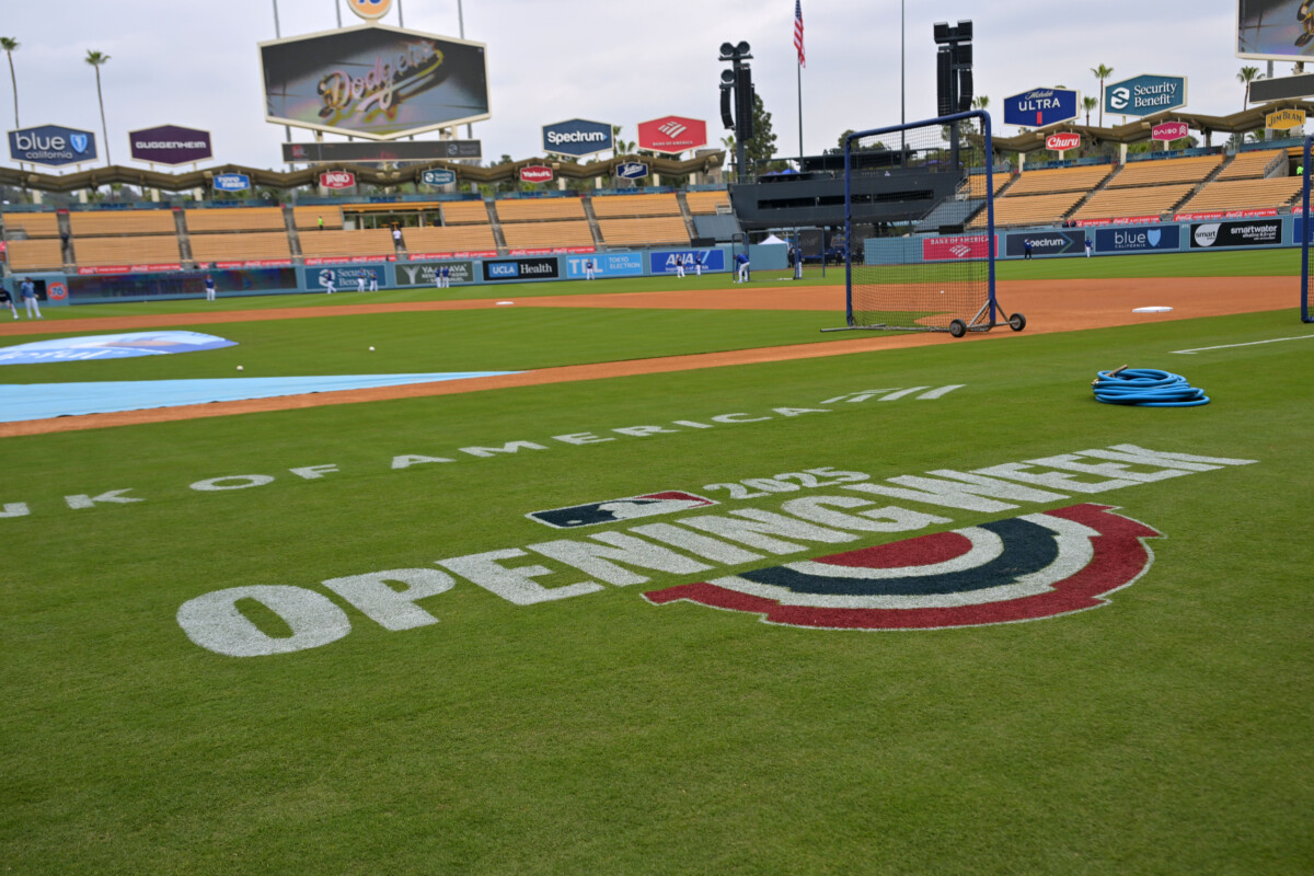A general view of Opening Day signage prior to a game between the Detroit Tigers and the Los Angeles Dodgers at Dodger Stadium.