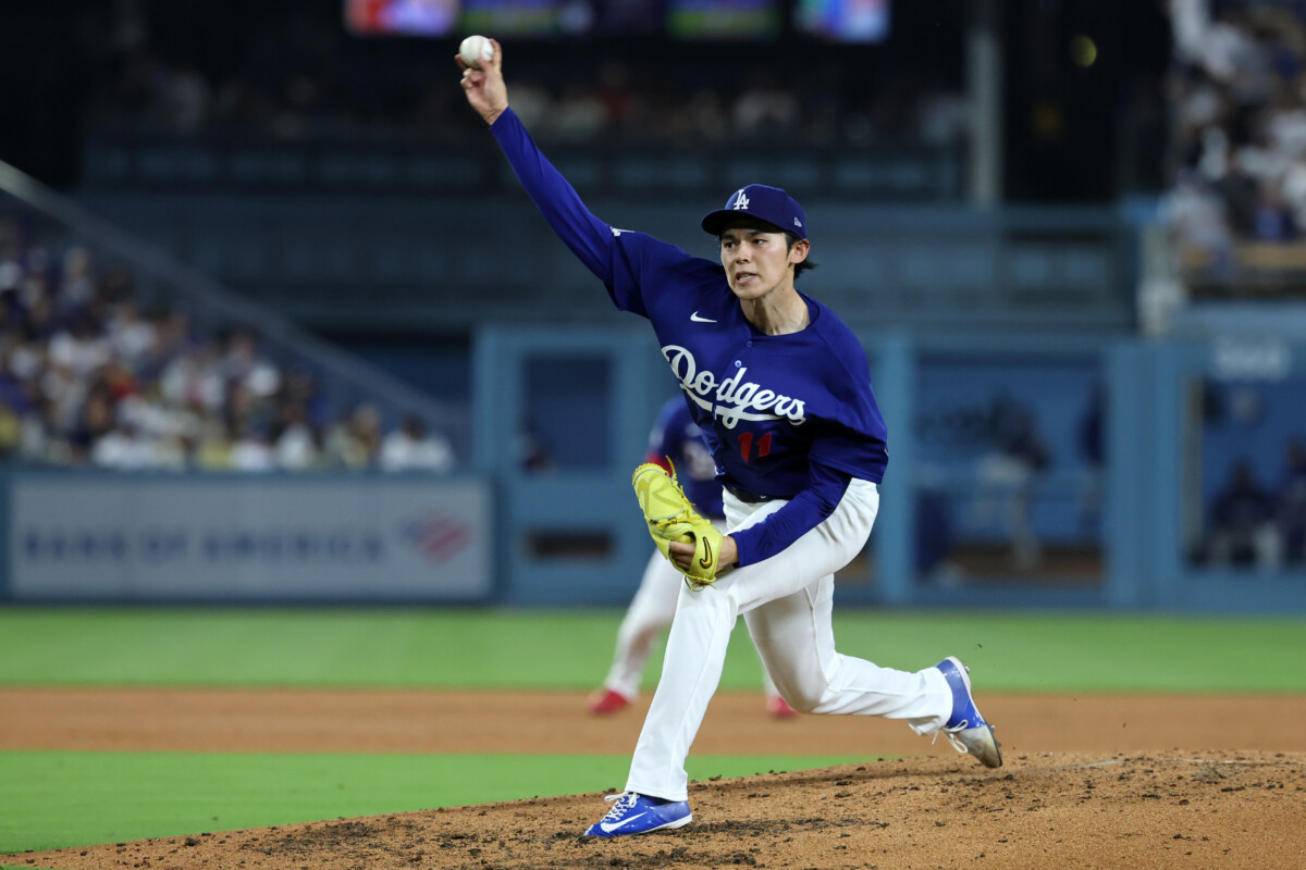 Mar 23, 2026; Los Angeles, California, USA; Los Angeles Dodgers pitcher Roki Sasaki (11) pitches during the fourth inning against the Los Angeles Angels at Dodger Stadium. Mandatory Credit: Kiyoshi Mio-Imagn Images