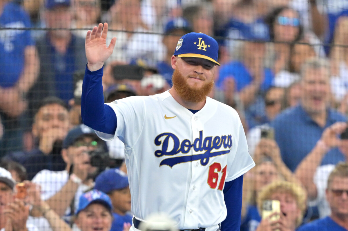 Mar 27, 2026; Los Angeles, California, USA; Los Angeles Dodgers pitcher Will Klein (61) waves during the World Series ring ceremony before the game against the Arizona Diamondbacks at Dodger Stadium. Mandatory Credit: Jayne Kamin-Oncea-Imagn Images
