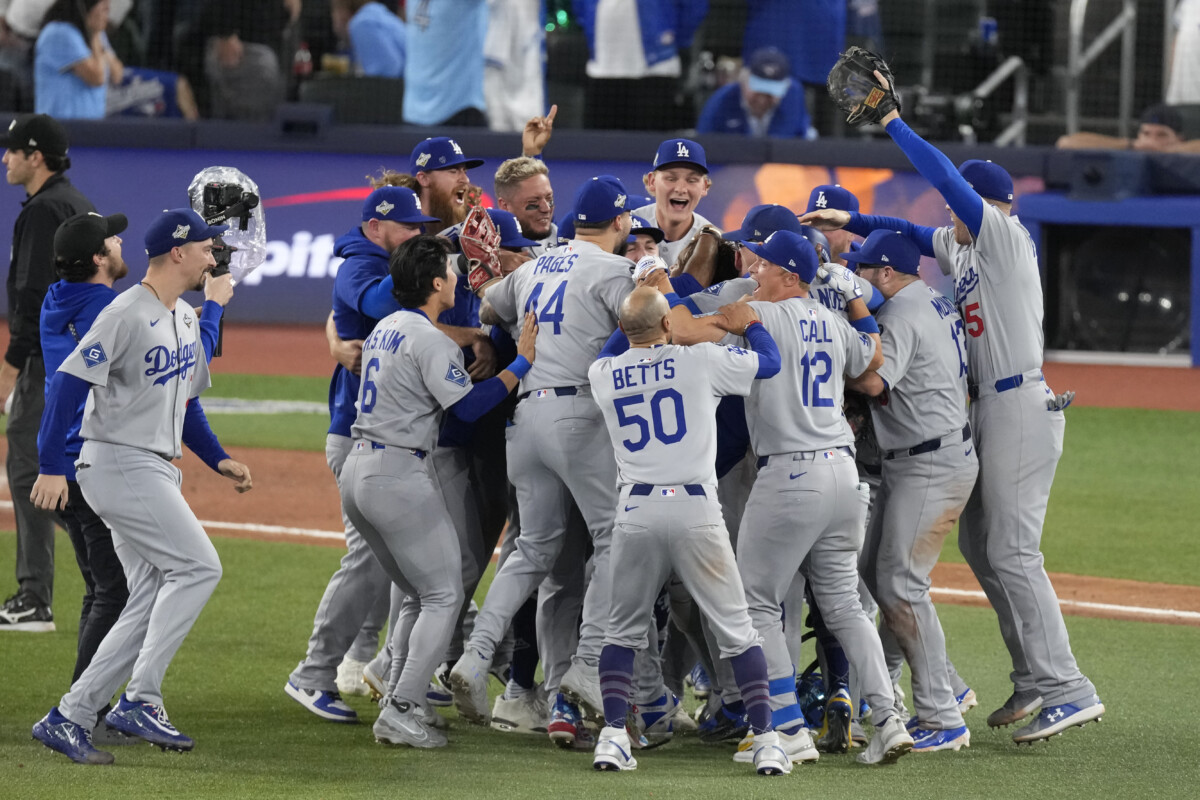 The Los Angeles Dodgers celebrate after defeating the Toronto Blue Jays in game seven of the 2025 MLB World Series at Rogers Centre.