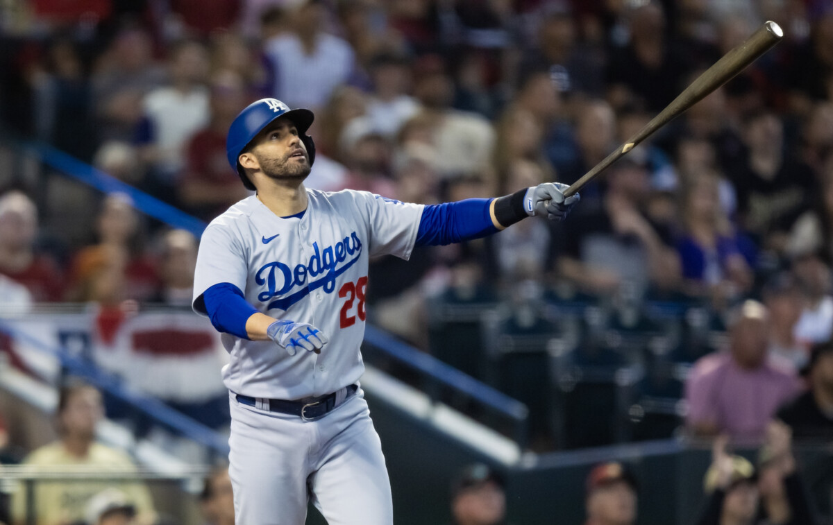 Oct 11, 2023; Phoenix, Arizona, USA; Los Angeles Dodgers designated hitter J.D. Martinez against the Arizona Diamondbacks during game three of the NLDS for the 2023 MLB playoffs at Chase Field. Mandatory Credit: Mark J. Rebilas-USA TODAY Sports
