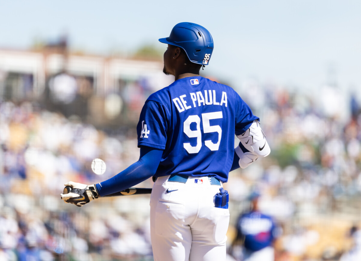 Detailed view of the jersey of Los Angeles Dodgers outfielder Josue De Paula (95) against Team Mexico during a spring training game at Camelback Ranch.