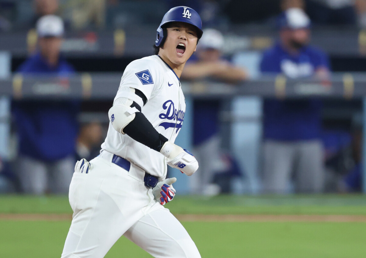 Los Angeles Dodgers designated hitter Shohei Ohtani (17) celebrates after hitting a home run during the seventh inning against the Toronto Blue Jays in game three of the 2025 MLB World Series at Dodger Stadium.