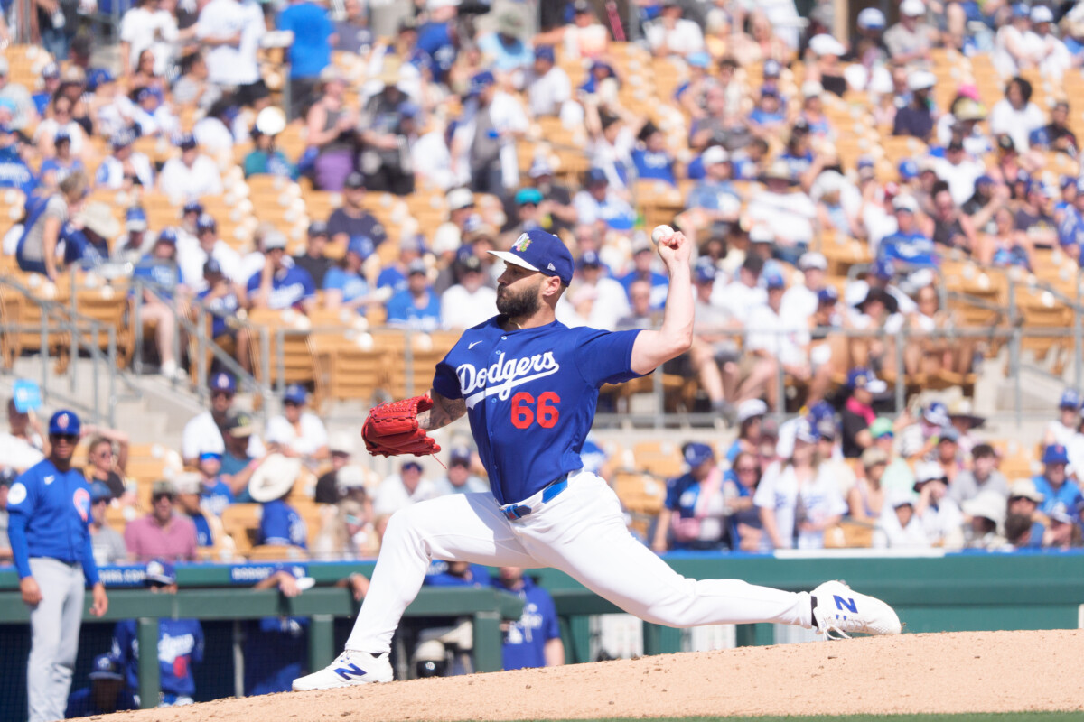 Los Angeles Dodgers pitcher Tanner Scott (66) on the mound pitching during the third inning of a spring training game against the Chicago Cub at Camelback Ranch-Glendale.