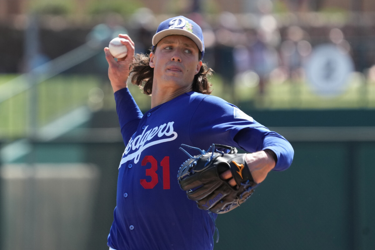 Los Angeles Dodgers pitcher Tyler Glasnow (31) throws against the Milwaukee Brewers in the first inning at Camelback Ranch-Glendale.