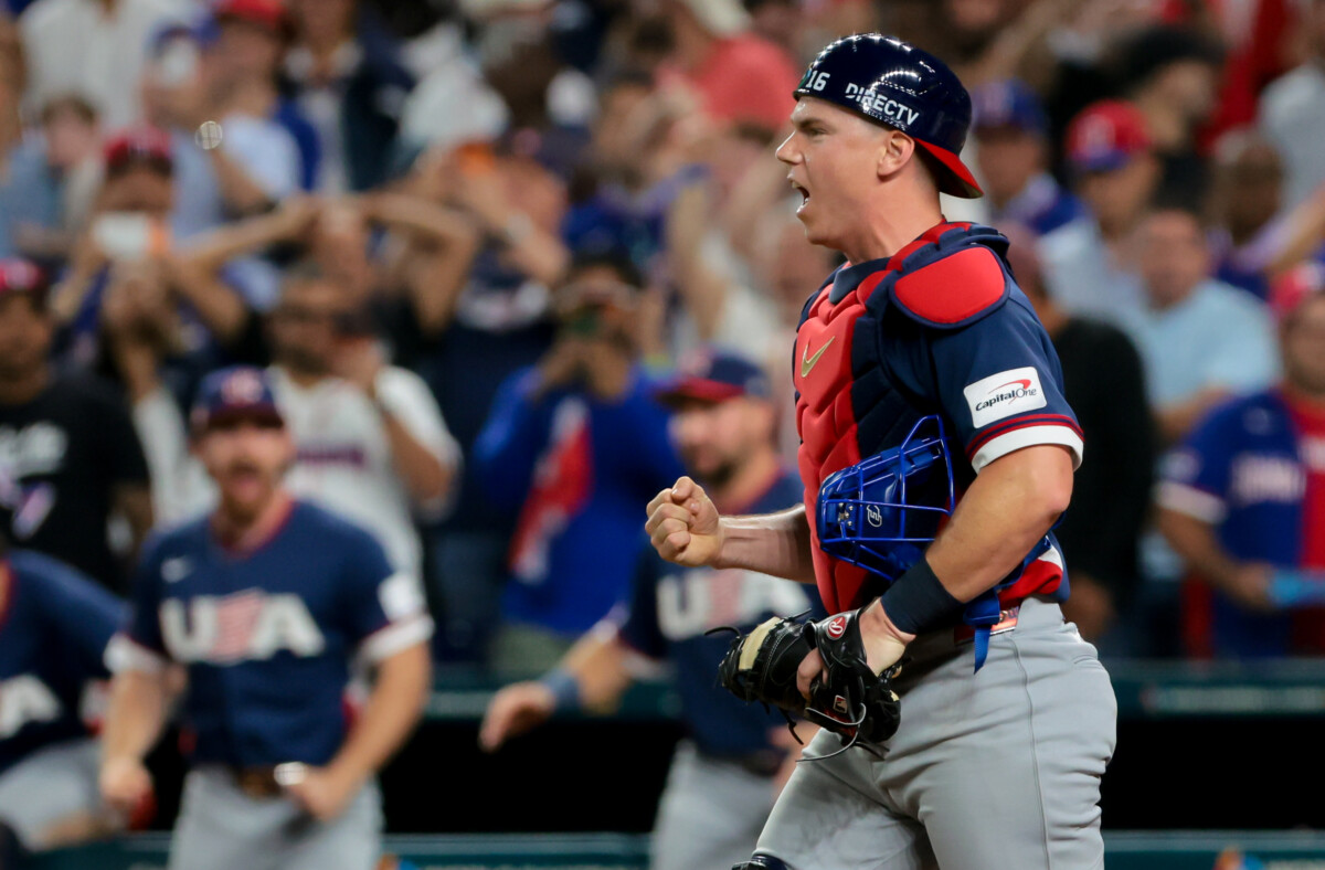 United States catcher Will Smith (16) celebrates after defeating the Dominican Republic in a semifinal game of the 2026 World Baseball Classic at loanDepot Park.