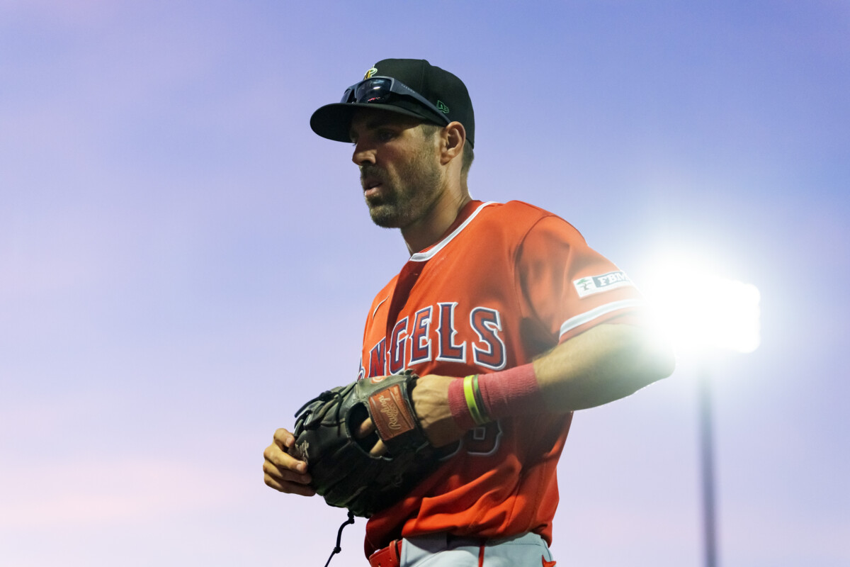 Mar 17, 2026; Mesa, Arizona, USA; Los Angeles Angels outfielder Chris Taylor against the Chicago Cubs during a spring training game at Sloan Park. Mandatory Credit: Mark J. Rebilas-Imagn Images