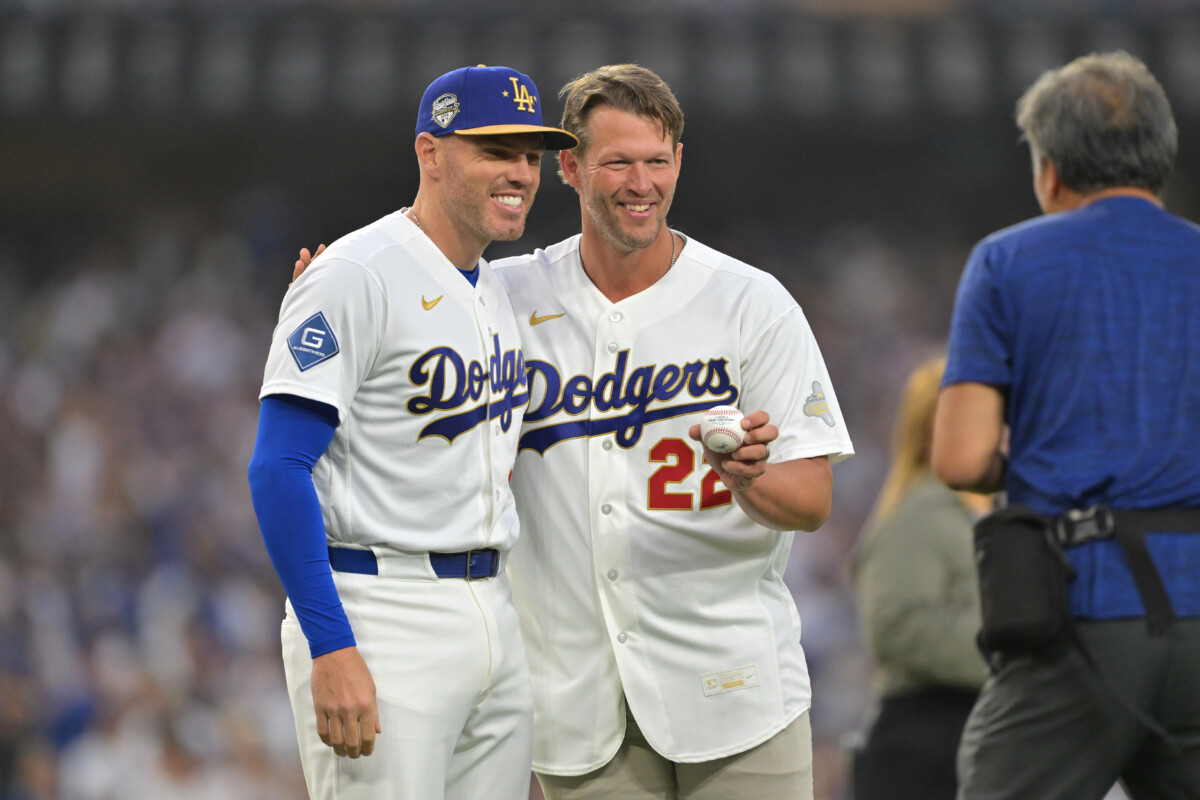 Mar 27, 2026; Los Angeles, California, USA; Los Angeles Dodgers former player Clayton Kershaw (22) and first baseman Freddie Freeman (5) during the World Series ring ceremony before the game against the Arizona Diamondbacks at Dodger Stadium. Mandatory Credit: Jayne Kamin-Oncea-Imagn Images