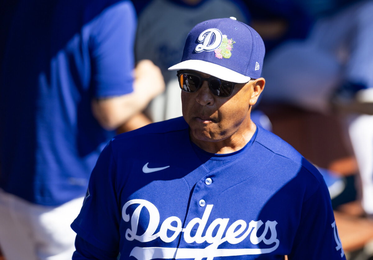Mar 10, 2026; Phoenix, Arizona, USA; Los Angeles Dodgers manager Dave Roberts against the Arizona Diamondbacks during a spring training game at Camelback Ranch-Glendale. Mandatory Credit: Mark J. Rebilas-Imagn Images