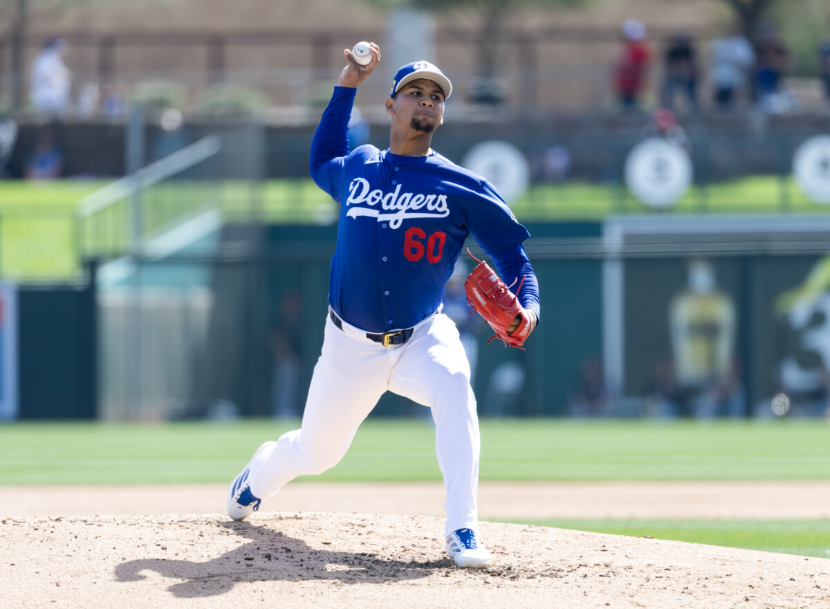 Feb 24, 2026; Phoenix, Arizona, USA; Los Angeles Dodgers pitcher Edgardo Henriquez against the Cleveland Guardians during a spring training game at Camelback Ranch-Glendale. Mandatory Credit: Mark J. Rebilas-Imagn Images