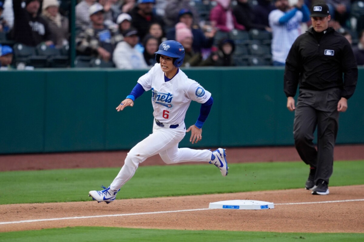 Oklahoma City's Hyeseong Kim runs home to score a run during a minor league baseball game between the Oklahoma City Comets and the Albuquerque Isotopes at Chickasaw Bricktown Ballpark in Oklahoma City, Friday, March 27, 2026.
