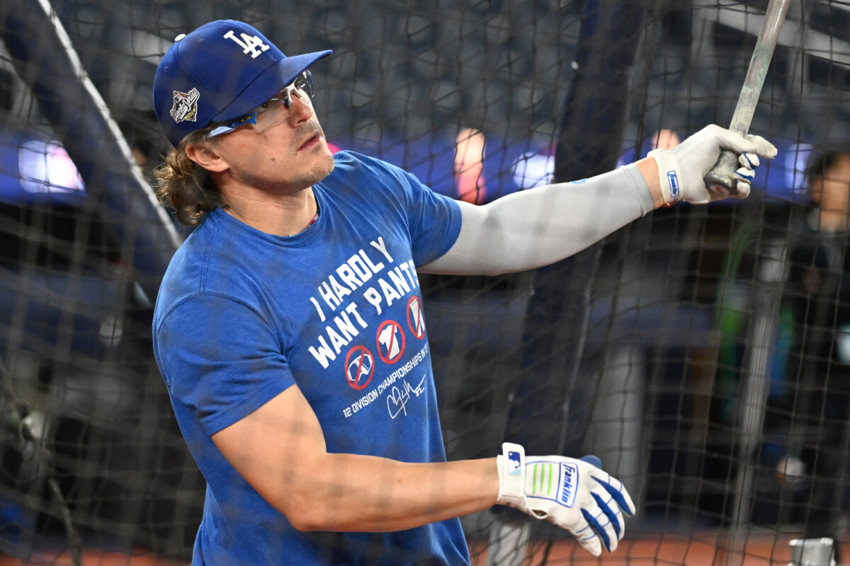 Oct 23, 2025; Toronto, ON, Canada; Los Angeles Dodgers first baseman Kike Hernandez (8) takes batting practice during World Series team workouts at Rogers Centre. Mandatory Credit: Dan Hamilton-Imagn Images