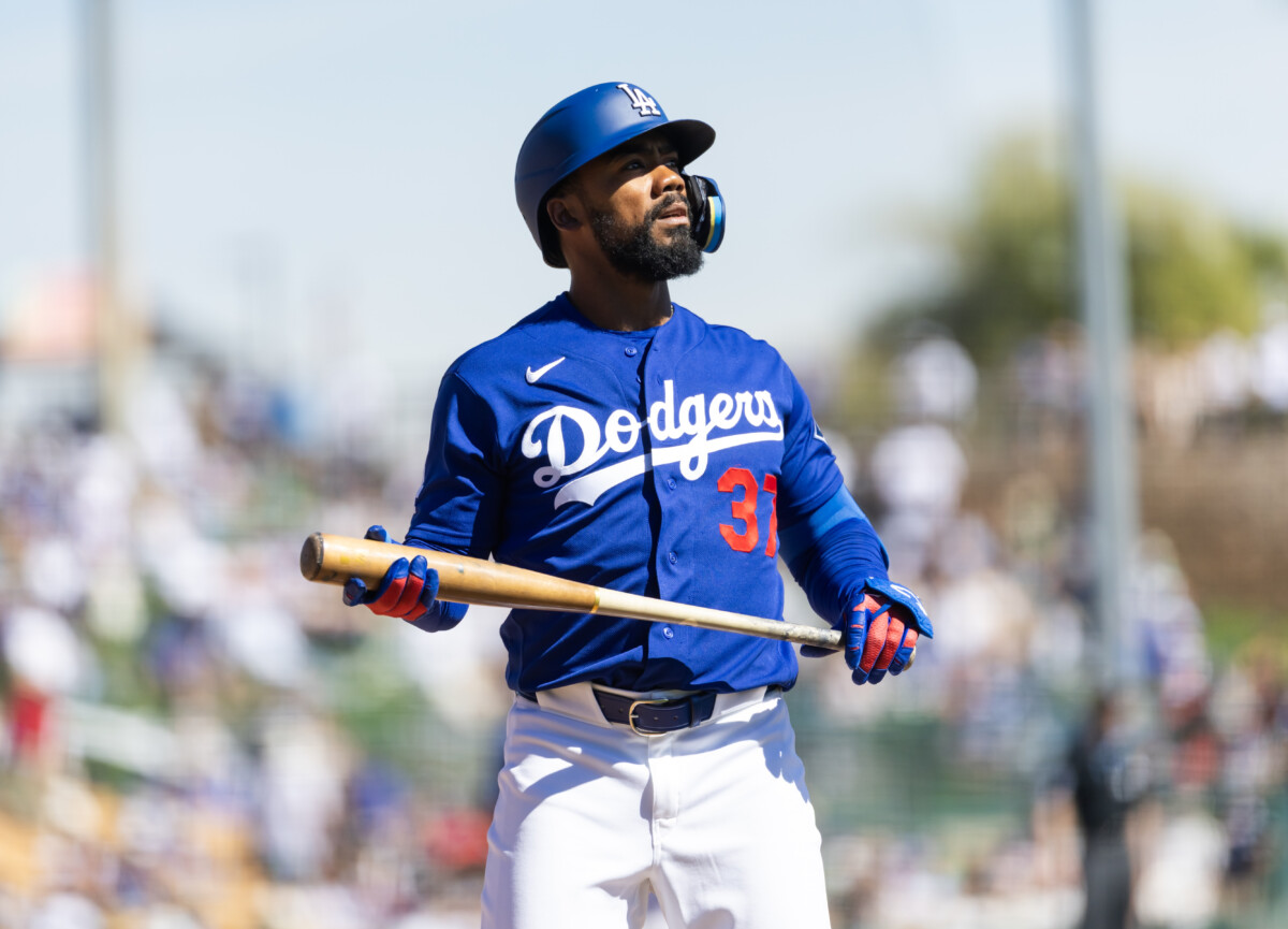 Mar 4, 2026; Glendale, AZ, USA; Los Angeles Dodgers outfielder Teoscar Hernandez against Team Mexico during a spring training game at Camelback Ranch. Mandatory Credit: Mark J. Rebilas-Imagn Images