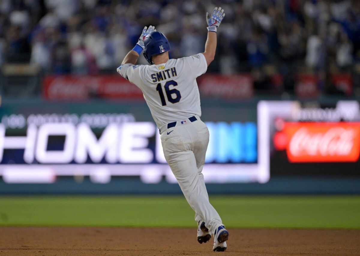 Mar 28, 2026; Los Angeles, California, USA; Los Angeles Dodgers catcher Will Smith (16) celebrates after hitting a two-run home run during the eighth inning against the Arizona Diamondbacks at Dodger Stadium. Mandatory Credit: Jayne Kamin-Oncea-Imagn Images