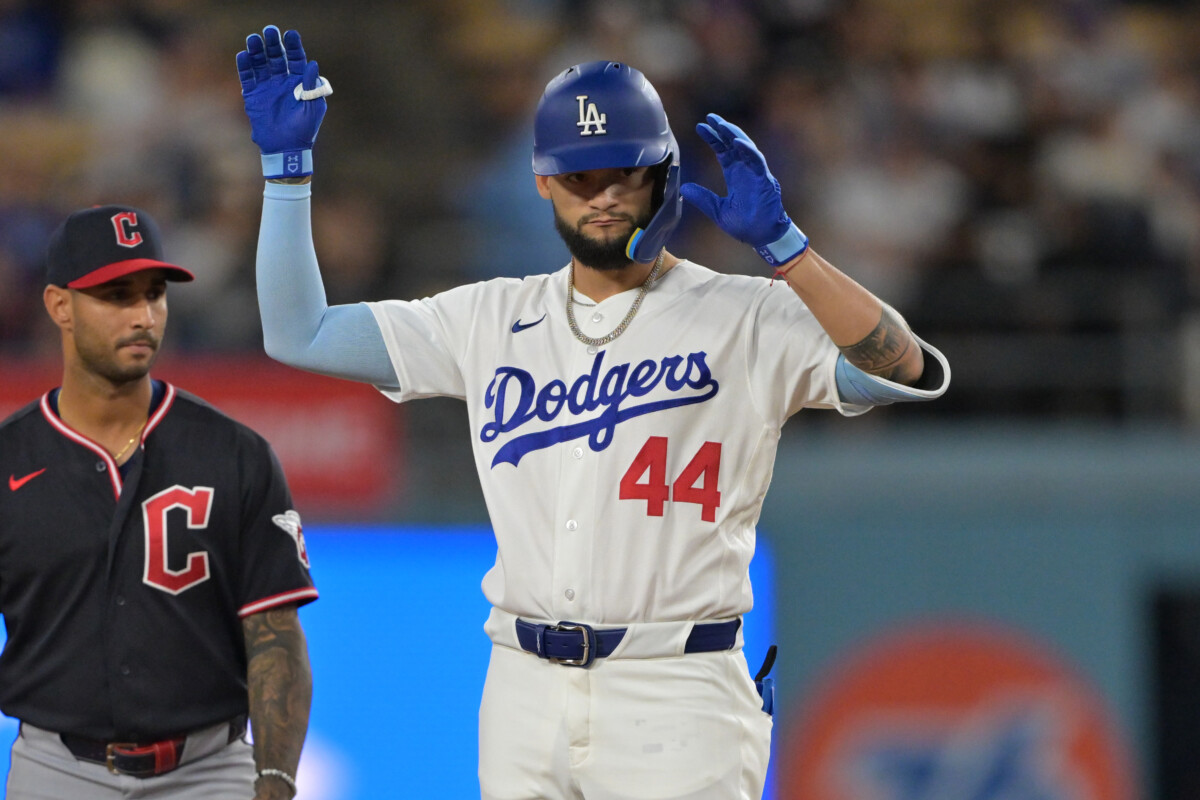 Apr 1, 2026; Los Angeles, California, USA; Los Angeles Dodgers center fielder Andy Pages (44) on second after a double in the eighth inning against the Cleveland Guardians at Dodger Stadium. Mandatory Credit: Jayne Kamin-Oncea-Imagn Images