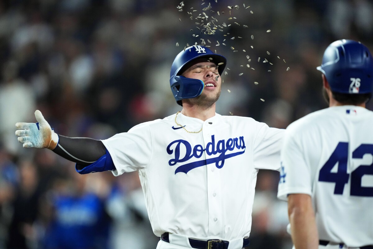 Dalton Rushing celebrates grand slam vs Mets at Dodger Stadium