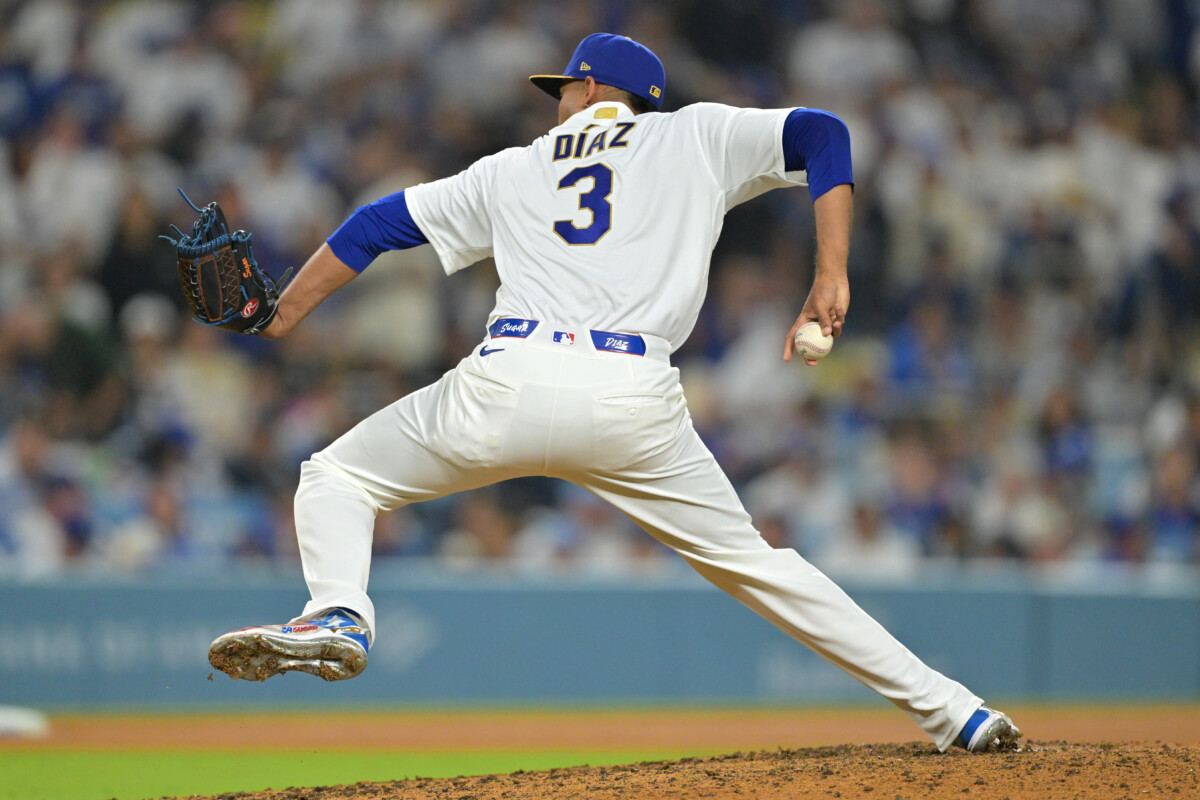 Mar 27, 2026; Los Angeles, California, USA; Los Angeles Dodgers pitcher Edwin Diaz (3) delivers to the plate as he earns a save in the ninth inning against the Arizona Diamondbacks at Dodger Stadium. Mandatory Credit: Jayne Kamin-Oncea-Imagn Images