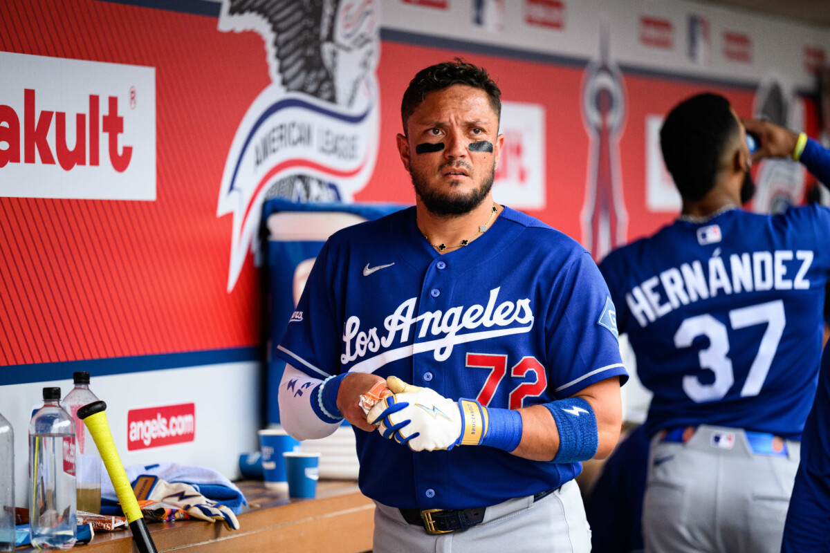 May 17, 2026; Anaheim, California, USA; Los Angeles Dodgers shortstop Miguel Rojas (72) looks on during the eighth inning against the Los Angeles Angels at Angel Stadium. Mandatory Credit: William Liang-Imagn Images