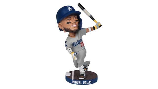 The Miguel Rojas Game 7 bobblehead shows the Dodgers fan-favorite hitting his famous World Series home run. Credit: Dodgers