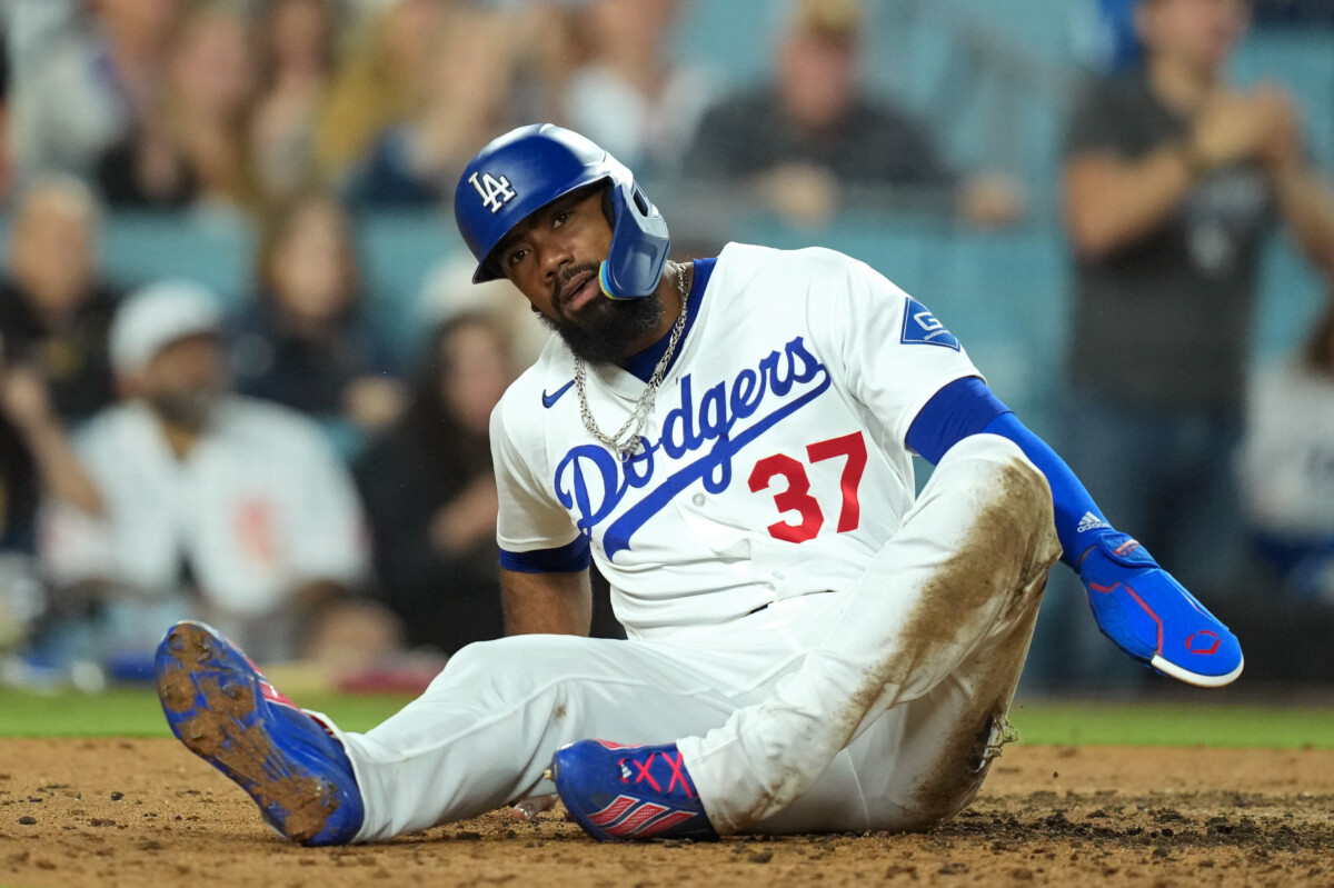 May 14, 2026; Los Angeles, California, USA; Los Angeles Dodgers left fielder Teoscar Hernandez (37) reacts after scoring against the San Francisco Giants in the sixth inning at Dodger Stadium. Mandatory Credit: Kirby Lee-Imagn Images