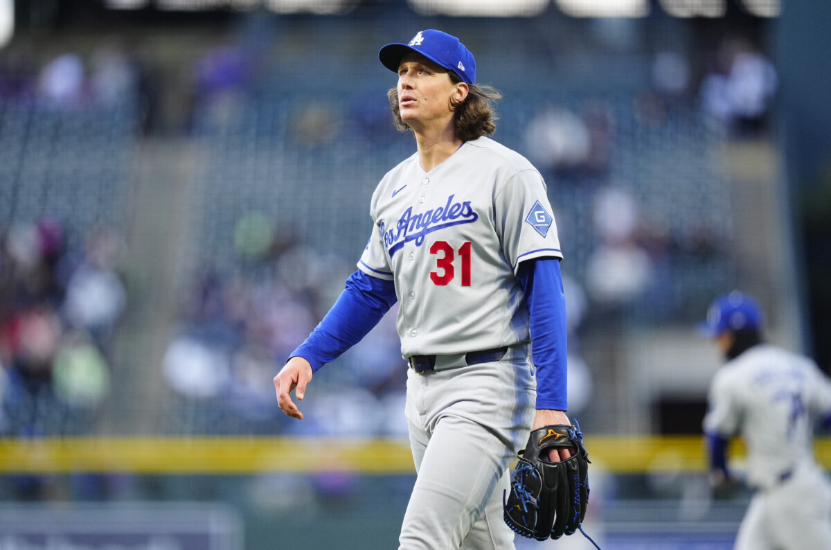Apr 17, 2026; Denver, Colorado, USA; Los Angeles Dodgers starting pitcher Tyler Glasnow (31) walks off the mound in the first inning against the Colorado Rockies at Coors Field. Mandatory Credit: Ron Chenoy-Imagn Images