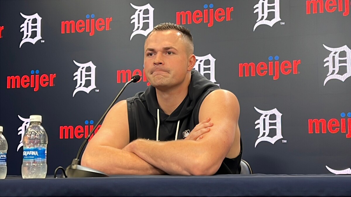 Detroit Tigers left-hander Tarik Skubal talks to reporters before a game against the Boston Red Sox on May 4, 2026, at Comerica Park in Detroit, Michigan.