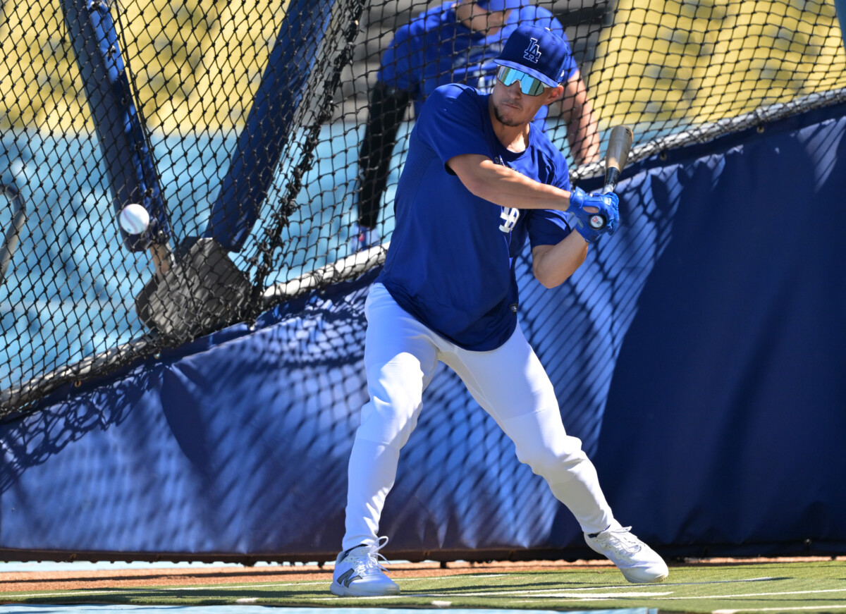 Apr 1, 2026; Los Angeles, California, USA; Los Angeles Dodgers Tommy Edman (25) takes live batting practice prior to the game Cleveland Guardians at Dodger Stadium. Mandatory Credit: Jayne Kamin-Oncea-Imagn Images