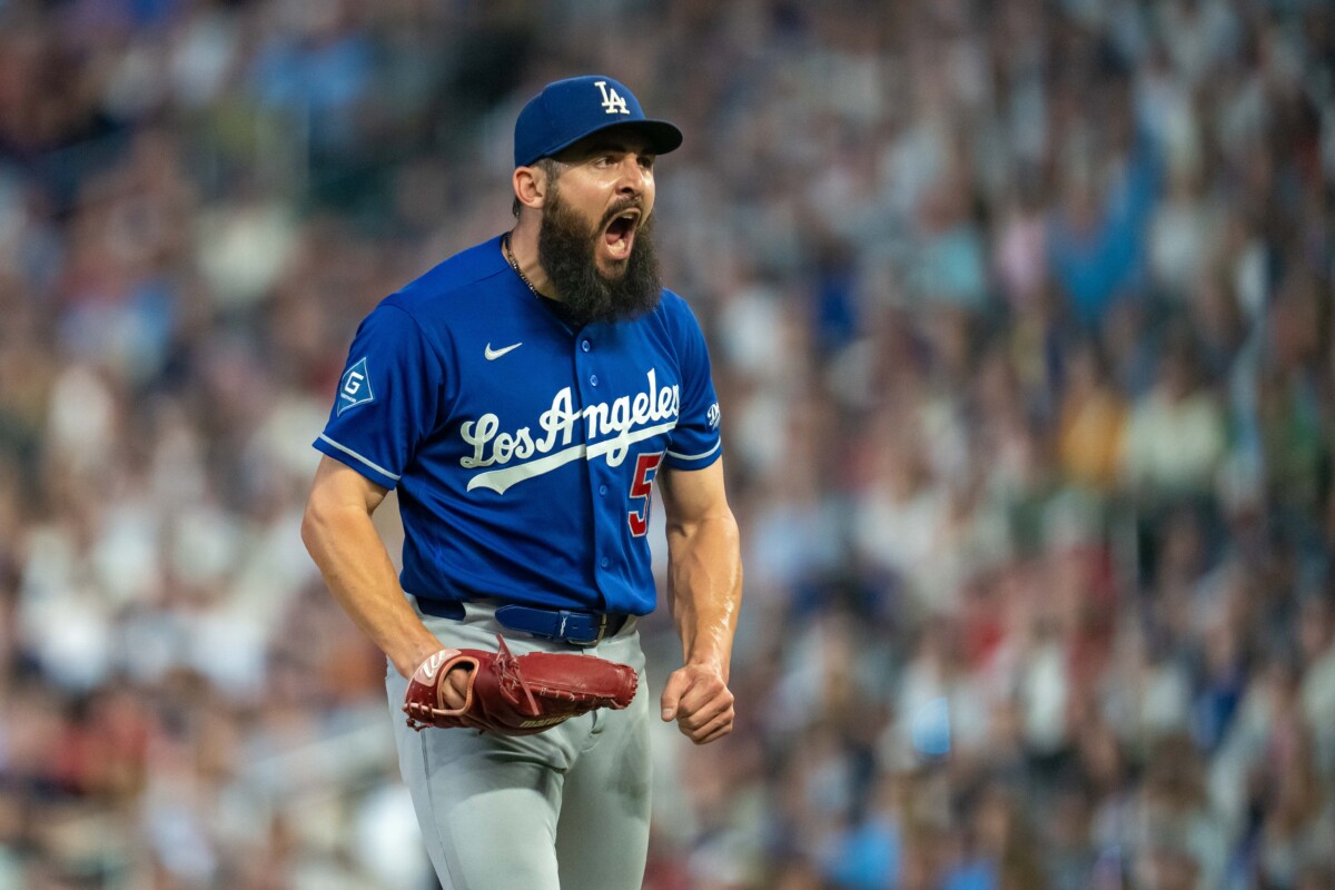 Jun 24, 2026; Minneapolis, Minnesota, USA; Los Angeles Dodgers relief pitcher Alex Vesia (51) reacts after getting the third out in the eighth inning against the Minnesota Twins at Target Field. Mandatory Credit: Jesse Johnson-Imagn Images