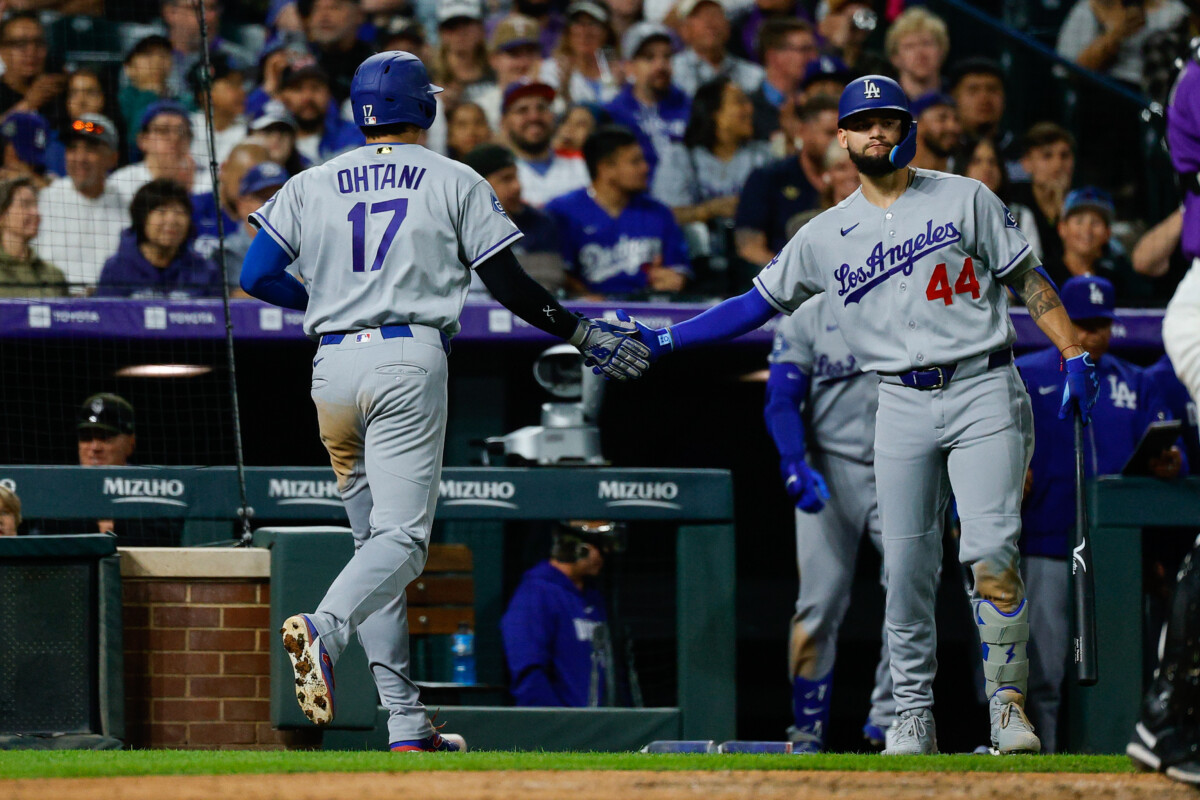 Apr 20, 2026; Denver, Colorado, USA; Los Angeles Dodgers designated hitter Shohei Ohtani (17) celebrates with center fielder Andy Pages (44) after being driven in on an RBI in the eighth inning against the Colorado Rockies at Coors Field. Mandatory Credit: Isaiah J. Downing-Imagn Images