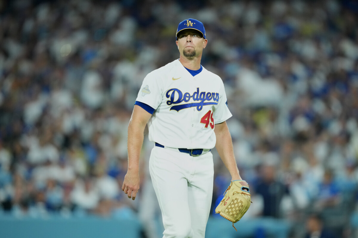 Mar 26, 2026; Los Angeles, California, USA; Los Angeles Dodgers pitcher Blake Treinen (49) looks on while walking to the dugout after the seventh inning against the Arizona Diamondbacks at Dodger Stadium. Mandatory Credit: Kirby Lee-Imagn Images