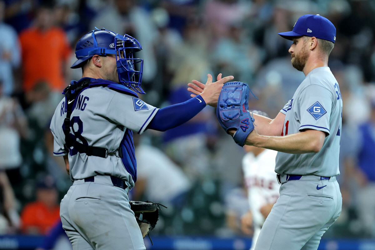 May 6, 2026; Houston, Texas, USA; Los Angeles Dodgers pitcher Brock Stewart (41) is congratulated by catcher Dalton Rushing (68) after the final out against the Houston Astros during the ninth inning at Daikin Park. Mandatory Credit: Erik Williams-Imagn Images