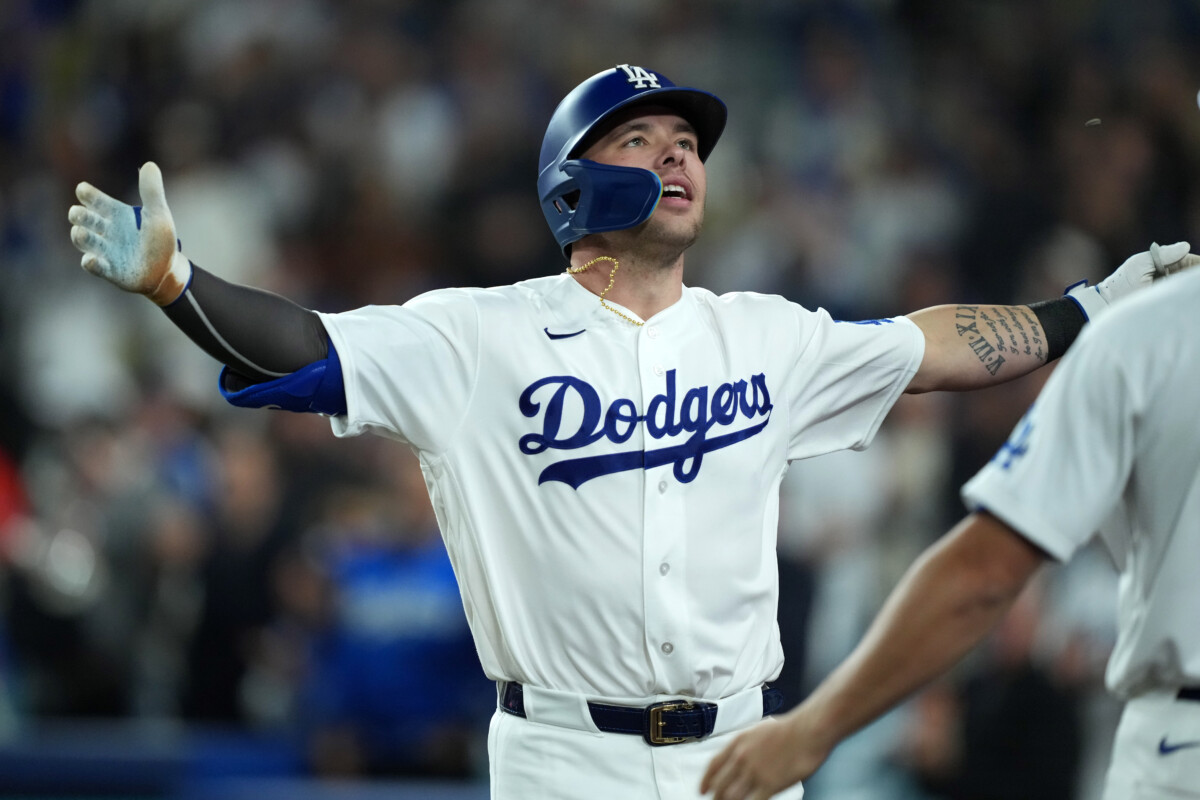 Apr 15, 2026; Los Angeles, California, USA; Los Angeles Dodgers designated hitter Dalton Rushing is showered with sunflower seeds after hitting a grand slam home run in the eighth inning against the New York Mets at Dodger Stadium. Mandatory Credit: Kirby Lee-Imagn Images