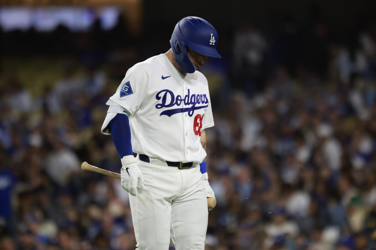 Jun 15, 2026; Los Angeles, California, USA; Los Angeles Dodgers catcher Dalton Rushing (68) reacts after striking out in the fourth inning against the Tampa Bay Rays at Dodger Stadium. Mandatory Credit: William Navarro-Imagn Images