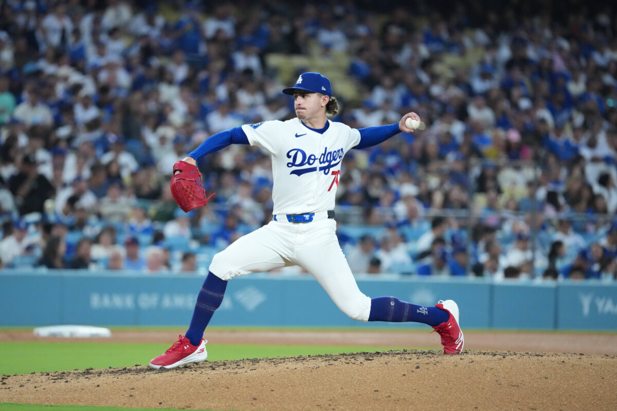 Jun 16, 2026; Los Angeles, California, USA; Los Angeles Dodgers starting pitcher Justin Wrobleski (70) throws during the fifth inning against the Tampa Bay Rays at Dodger Stadium. Mandatory Credit: Kirby Lee-Imagn Images