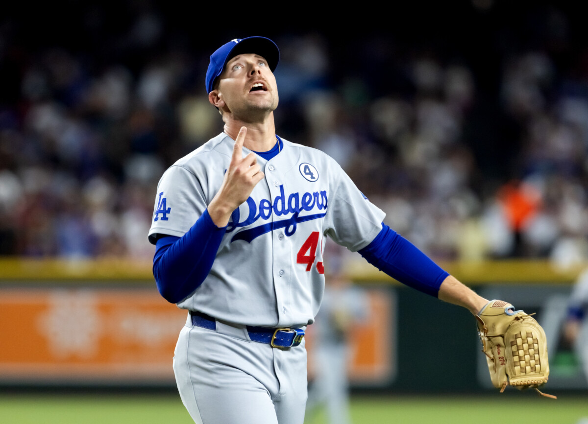 Jun 2, 2026; Phoenix, Arizona, USA; Los Angeles Dodgers pitcher Blake Treinen reacts after the fifth inning against the Arizona Diamondbacks at Chase Field. Mandatory Credit: Mark J. Rebilas-Imagn Images