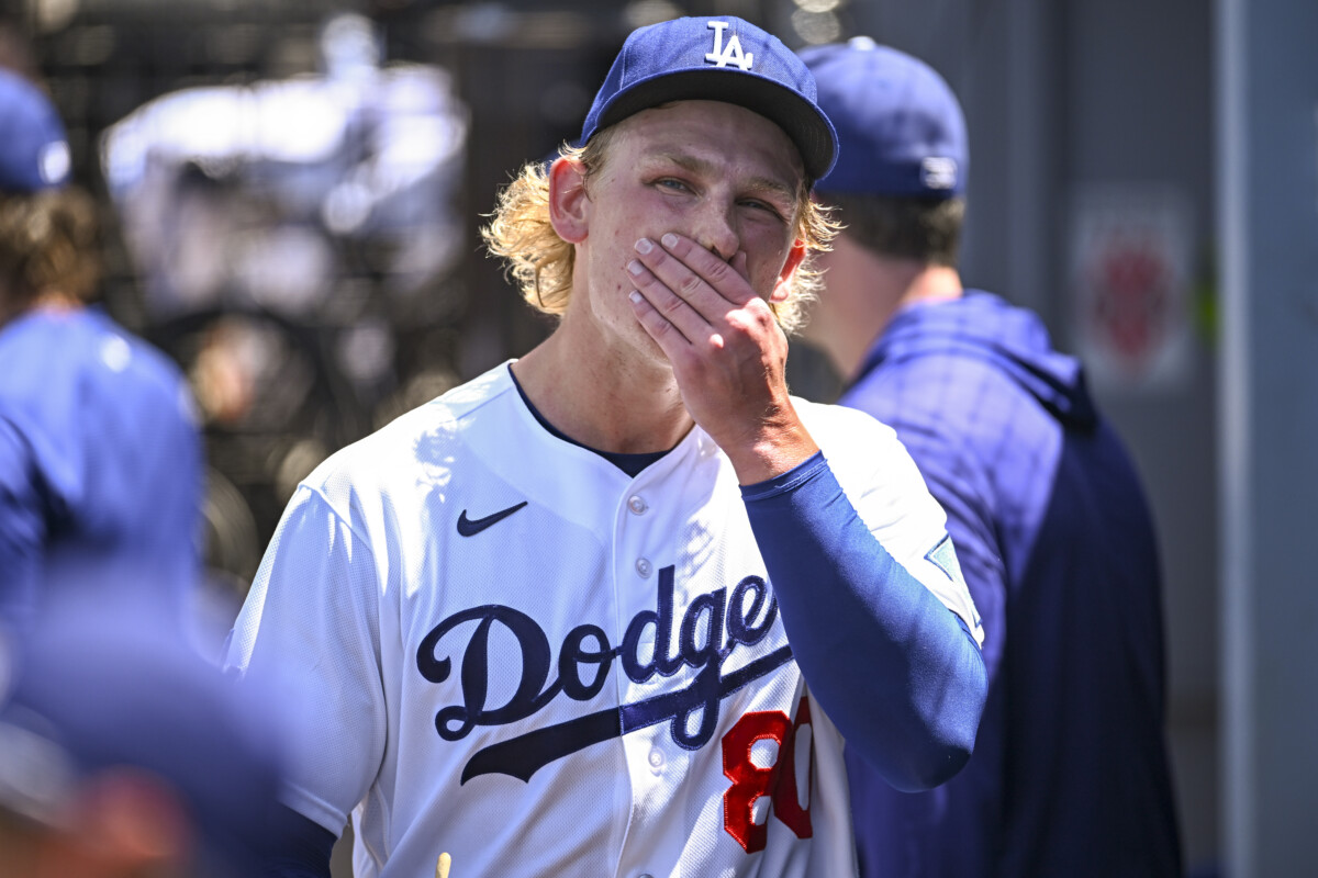 Jun 21, 2026; Los Angeles, California, USA; Los Angeles Dodgers starting pitcher Emmet Sheehan (80) reacts in the dugout after being relieved from the mound during fourth inning at Dodger Stadium. Mandatory Credit: Jonathan Hui-Imagn Images