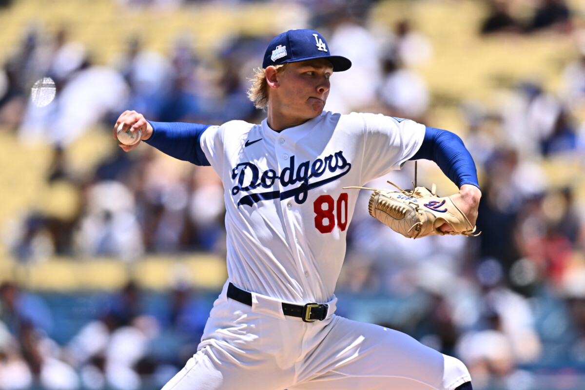 Jun 7, 2026; Los Angeles, California, USA; Los Angeles Dodgers pitcher Emmet Sheehan (80) throws to the plate against the Los Angeles Angels during the first inning at Dodger Stadium. Mandatory Credit: William Liang-Imagn Images