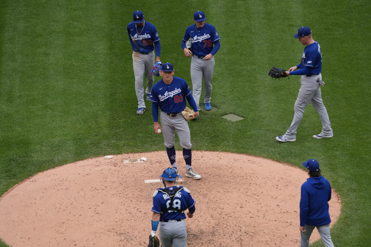 Jun 14, 2026; Chicago, Illinois, USA; Los Angeles Dodgers pitcher Emmet Sheehan (80) leaves the game against the Chicago White Sox during the sixth inning at Rate Field. Mandatory Credit: David Banks-Imagn Images