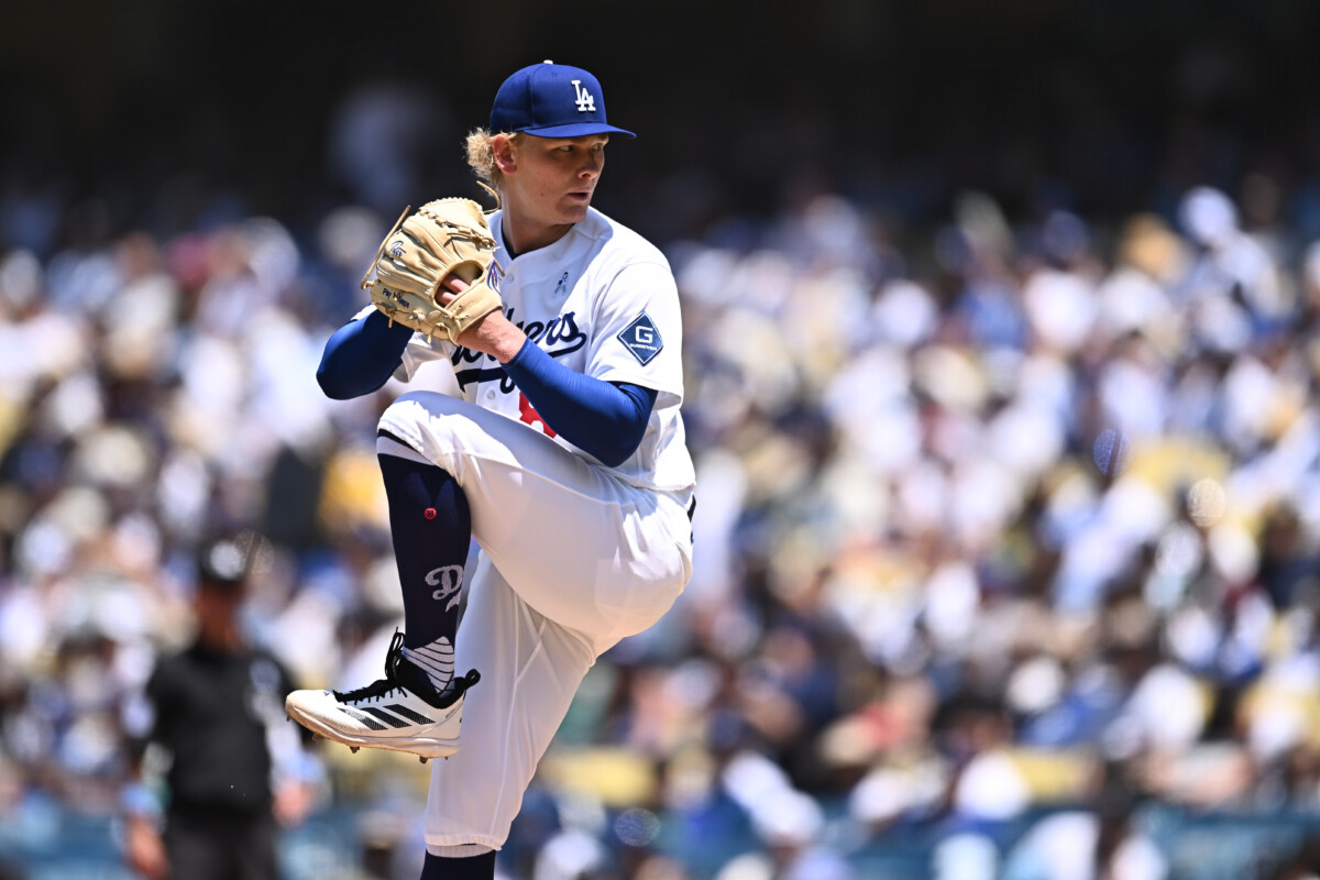 Jun 21, 2026; Los Angeles, California, USA; Los Angeles Dodgers pitcher Emmet Sheehan (80) goes into the windup against the Baltimore Orioles during the third inning at Dodger Stadium. Mandatory Credit: Jonathan Hui-Imagn Images
