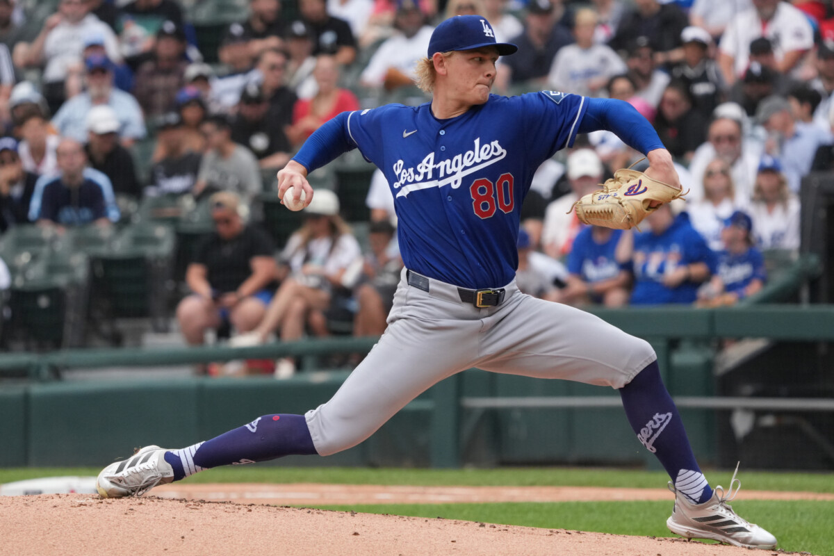 Jun 14, 2026; Chicago, Illinois, USA; Los Angeles Dodgers pitcher Emmet Sheehan (80) throws the ball against the Chicago White Sox during the first inning at Rate Field. Mandatory Credit: David Banks-Imagn Images