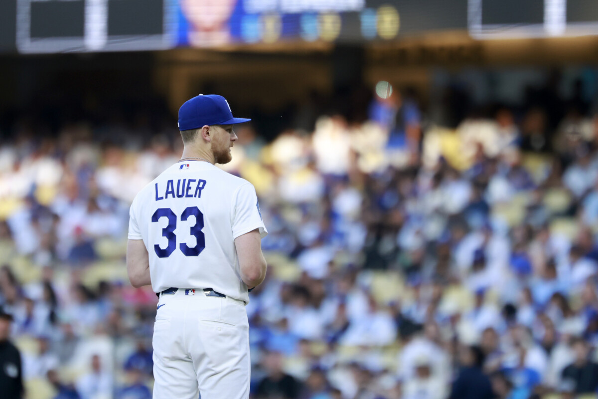 Jun 15, 2026; Los Angeles, California, USA; Los Angeles Dodgers pitcher Eric Lauer (33) gets ready to throw a pitch during the first inning against the Tampa Bay Rays at Dodger Stadium. Mandatory Credit: William Navarro-Imagn Images