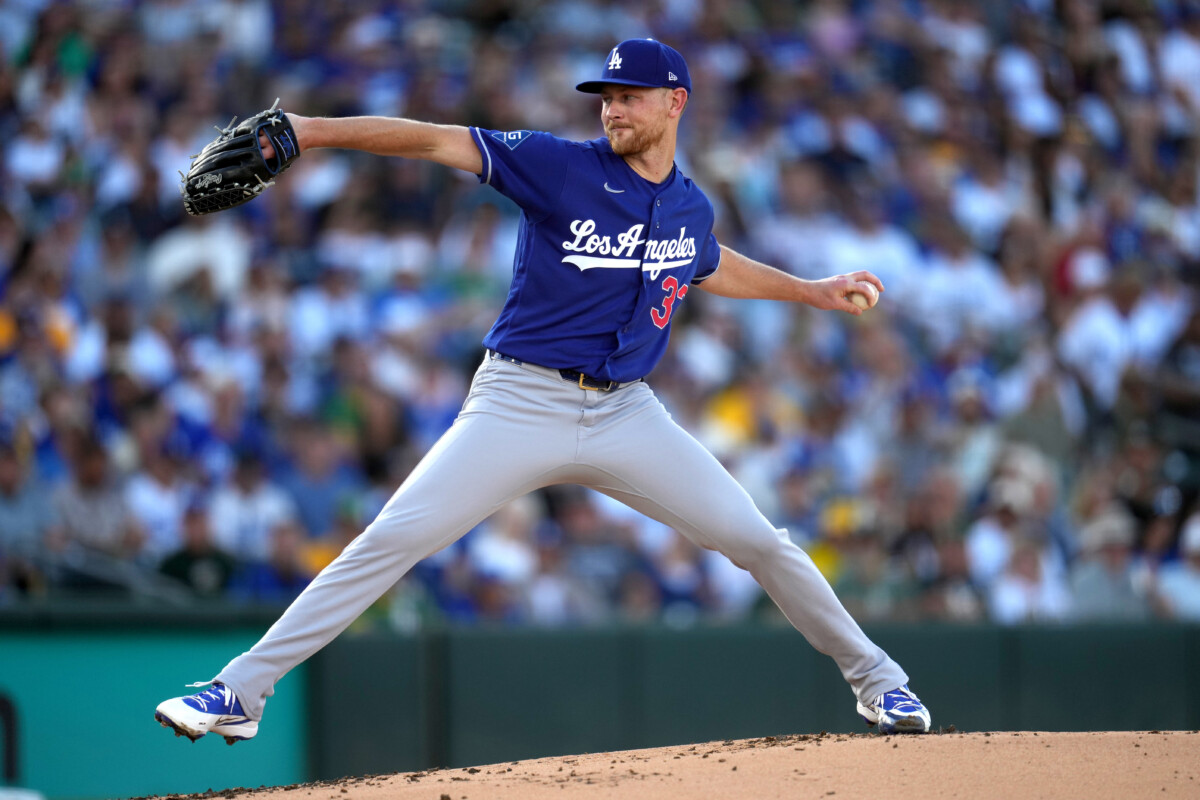 Jun 29, 2026; West Sacramento, California, USA; Los Angeles Dodgers pitcher Eric Lauer (33) delivers a pitch against the Athletics in the first inning at Sutter Health Park. Mandatory Credit: Cary Edmondson-Imagn Images