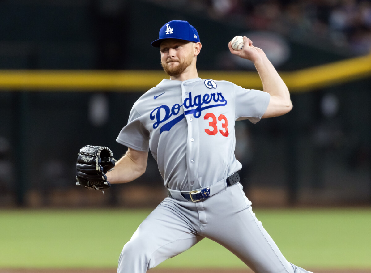 Jun 2, 2026; Phoenix, Arizona, USA; Los Angeles Dodgers pitcher Eric Lauer in the second inning against the Arizona Diamondbacks at Chase Field. Mandatory Credit: Mark J. Rebilas-Imagn Images