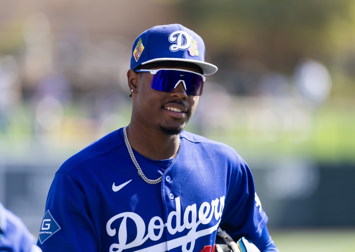Feb 24, 2026; Phoenix, Arizona, USA; Los Angeles Dodgers outfielder Josue De Paula against the Cleveland Guardians during a spring training game at Camelback Ranch-Glendale. Mandatory Credit: Mark J. Rebilas-Imagn Images